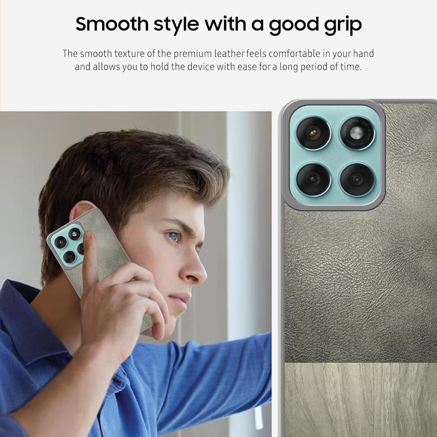 Pinaaki Enterprises Luxury Leather and Wooden Texture Moto Edge 60 Fusion 5G Back Cover Case | Baby Skin Feel Full Camera Protection Case | Raised Edges | Side Soft TPU (Gray) - Image 3