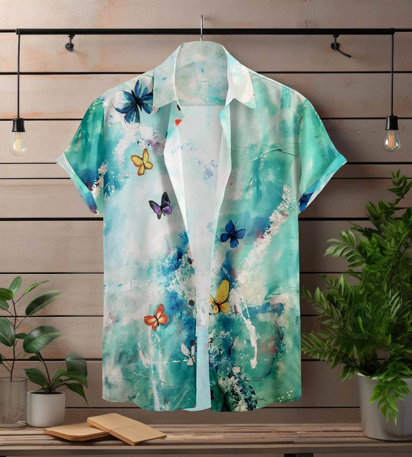 Watercolor Butterfly Print Mens Regular Fit Shirt, Short Sleeve, Summer Beach Style, Casual Hawaiian Pattern