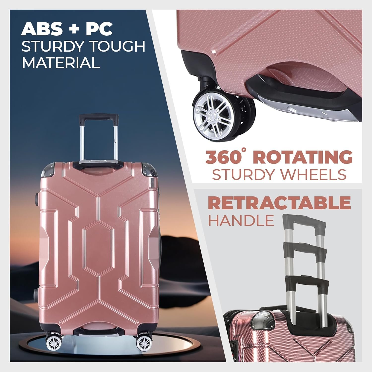 Story@Home Rose Gold Trolley Bags 2 PCs Small, Medium 20-24 inches Cabin-Check in Trolley Bags, ABS+PC, 360° Rotating Sturdy 8 Wheels, 3 Digit Lock, Bag for Travelling, 51-61 Cm - Image 2
