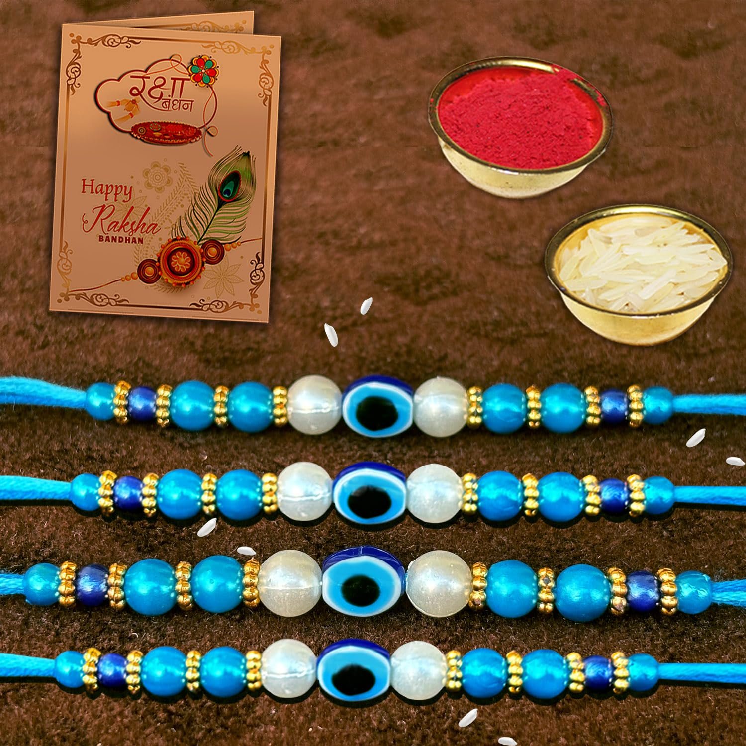 Rakhi Gift for Brother Evil Eye Rakhis Combo With Roli chawal and Rakshabandhan Greeting card (4EV) Set of 4 Rakhi - Image 2