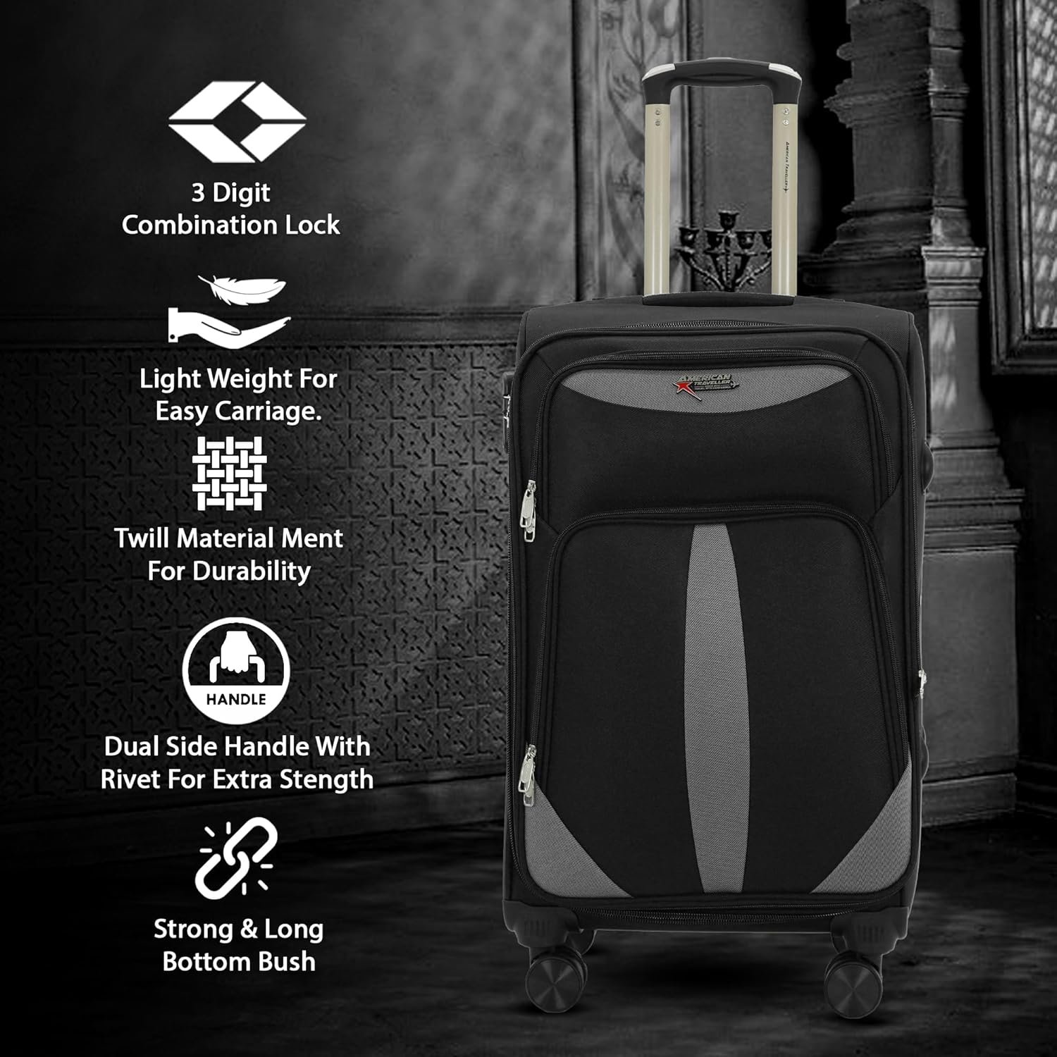 AMERICAN TRAVELLER TourisForever Trolley Bag Set of 3 | Cabin, Medium, Large | Expandable Travel Suitcase | Heavy-Duty Nylon | 3 Digit Number Lock | 360 Lego Wheels | Durable Handle (3, Black) - Image 6