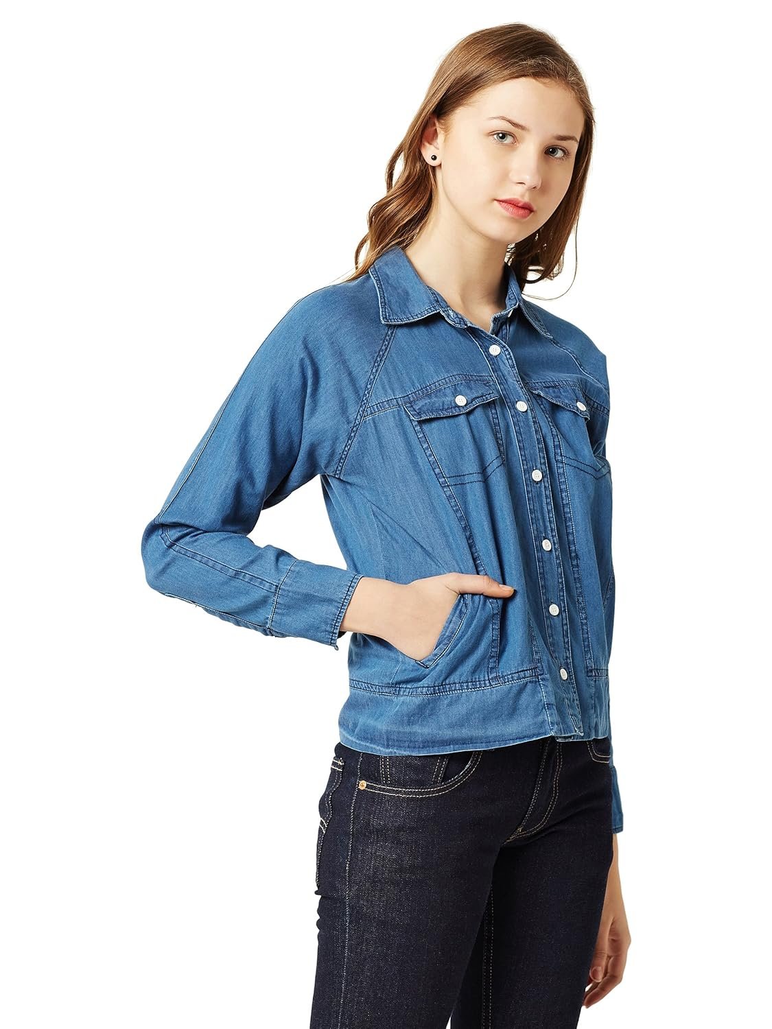 Miss Chase Women's Blue Collared Full Sleeves Solid Buttoned Denim Bomber Jacket - Image 4