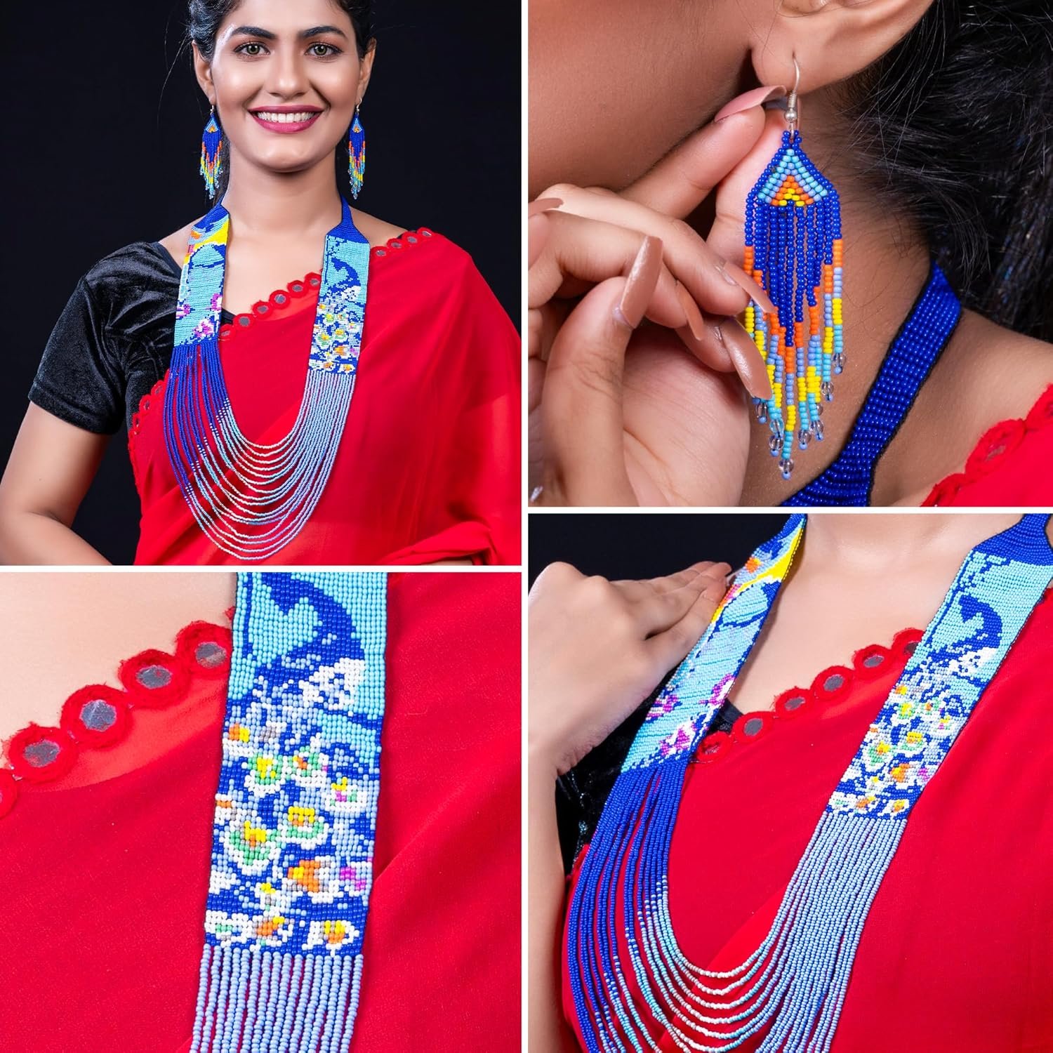 Peacock Bird Lovers Beaded Jewelry Set with Earrings | Ukrainian Turquoise Beaded Design | Chunky Peacock Pendant | Tribal Boho Flying Birds | African Woman Wildlife Gift for Pet Owners & Groomers - Image 4