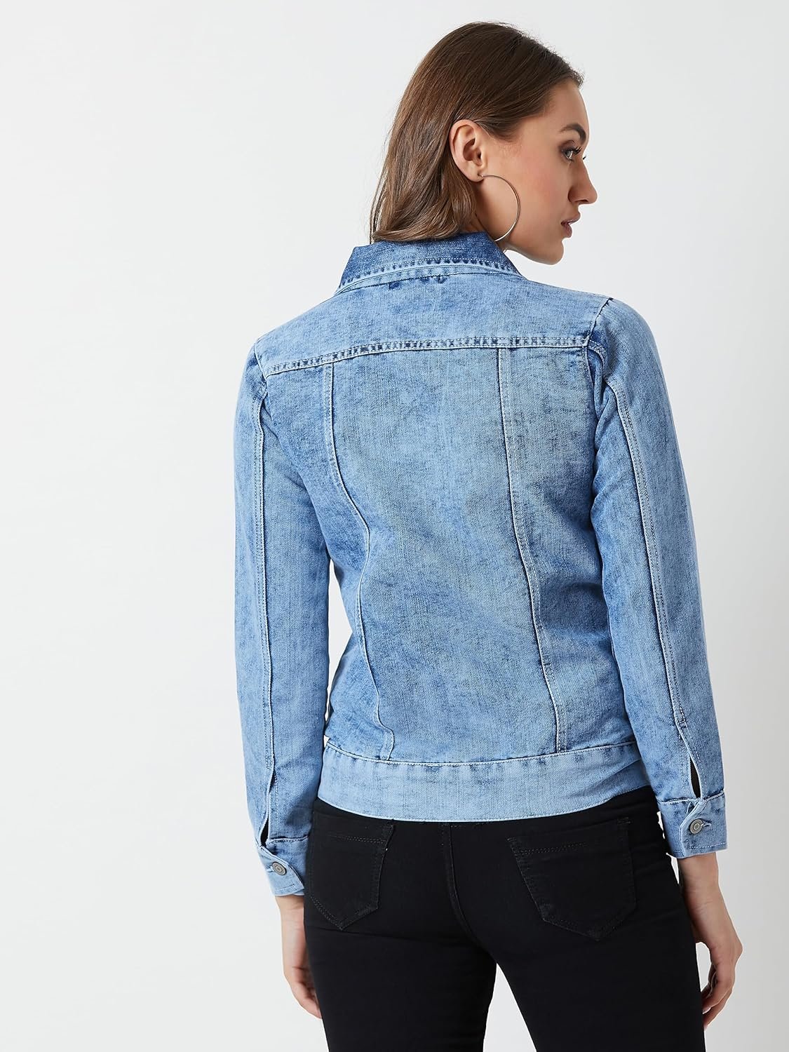 Miss Chase Women's Collared Solid Full Sleeve Regular Length Denim Jacket - Image 3