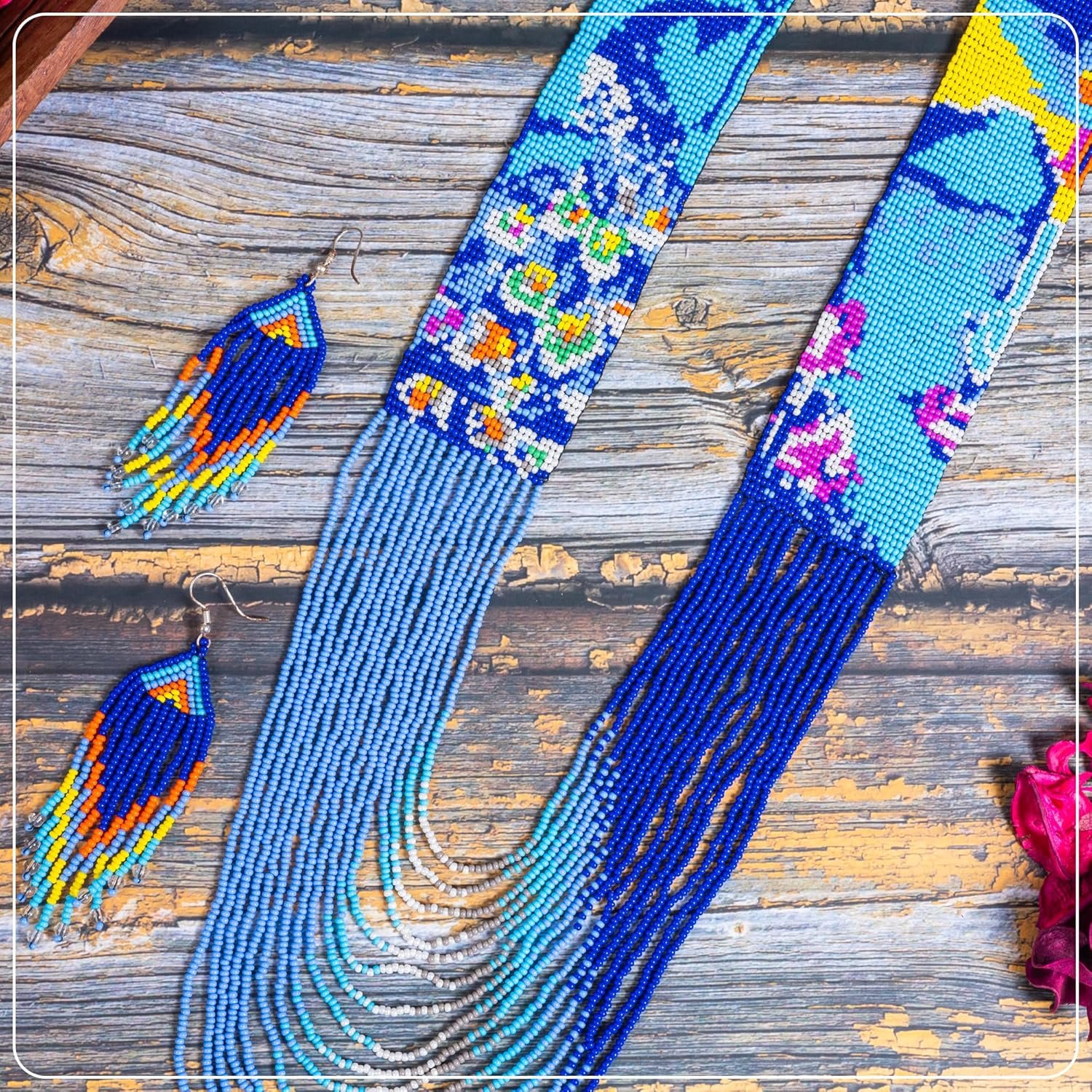 Peacock Bird Lovers Beaded Jewelry Set with Earrings | Ukrainian Turquoise Beaded Design | Chunky Peacock Pendant | Tribal Boho Flying Birds | African Woman Wildlife Gift for Pet Owners & Groomers - Image 5