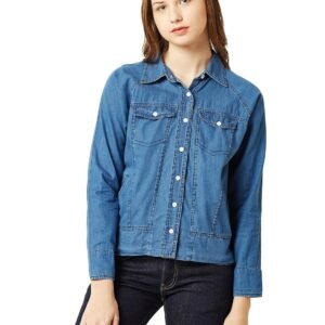 Miss Chase Women’s Blue Collared Full Sleeves Solid Buttoned Denim Bomber Jacket