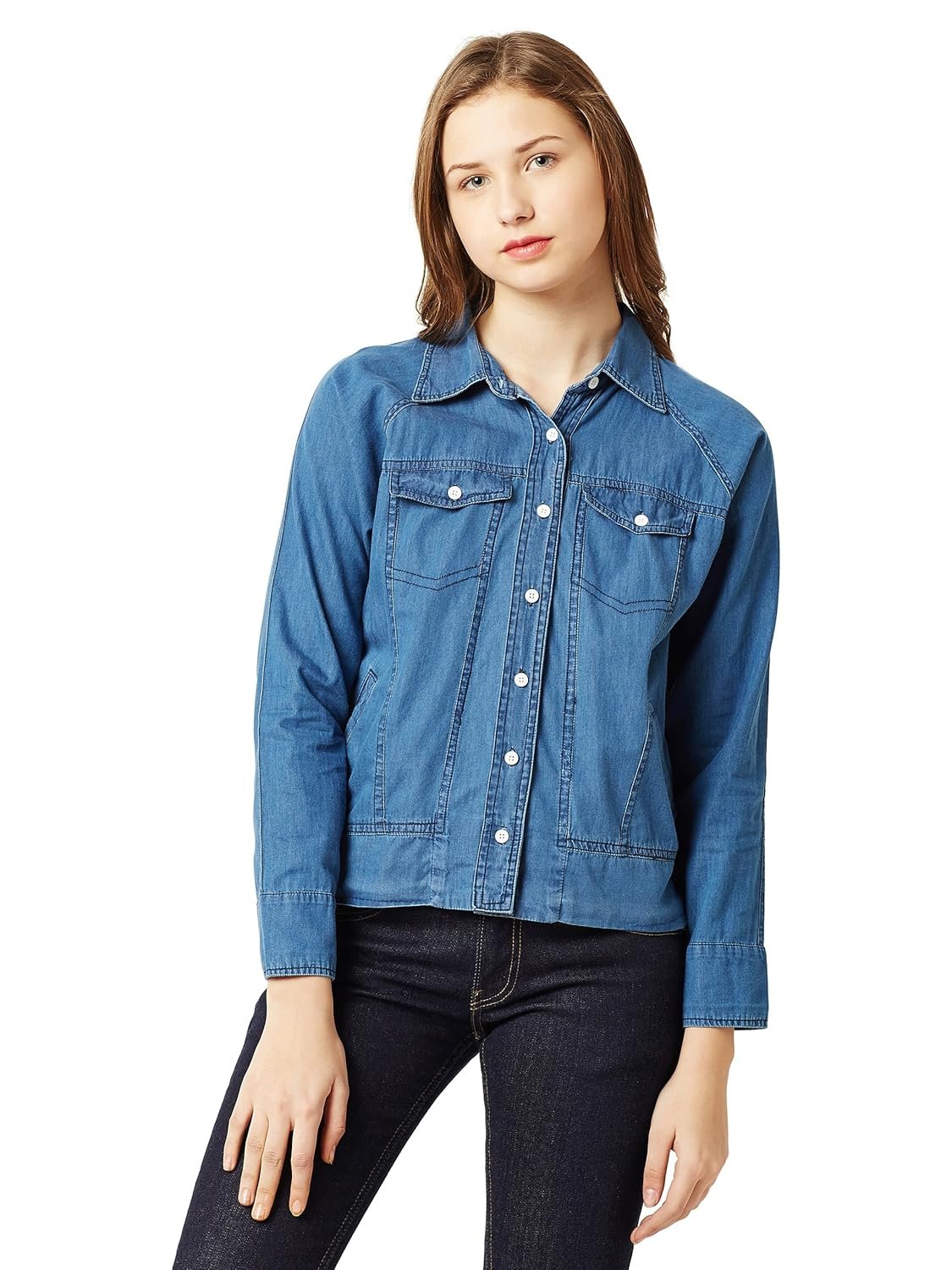 Miss Chase Women's Blue Collared Full Sleeves Solid Buttoned Denim Bomber Jacket