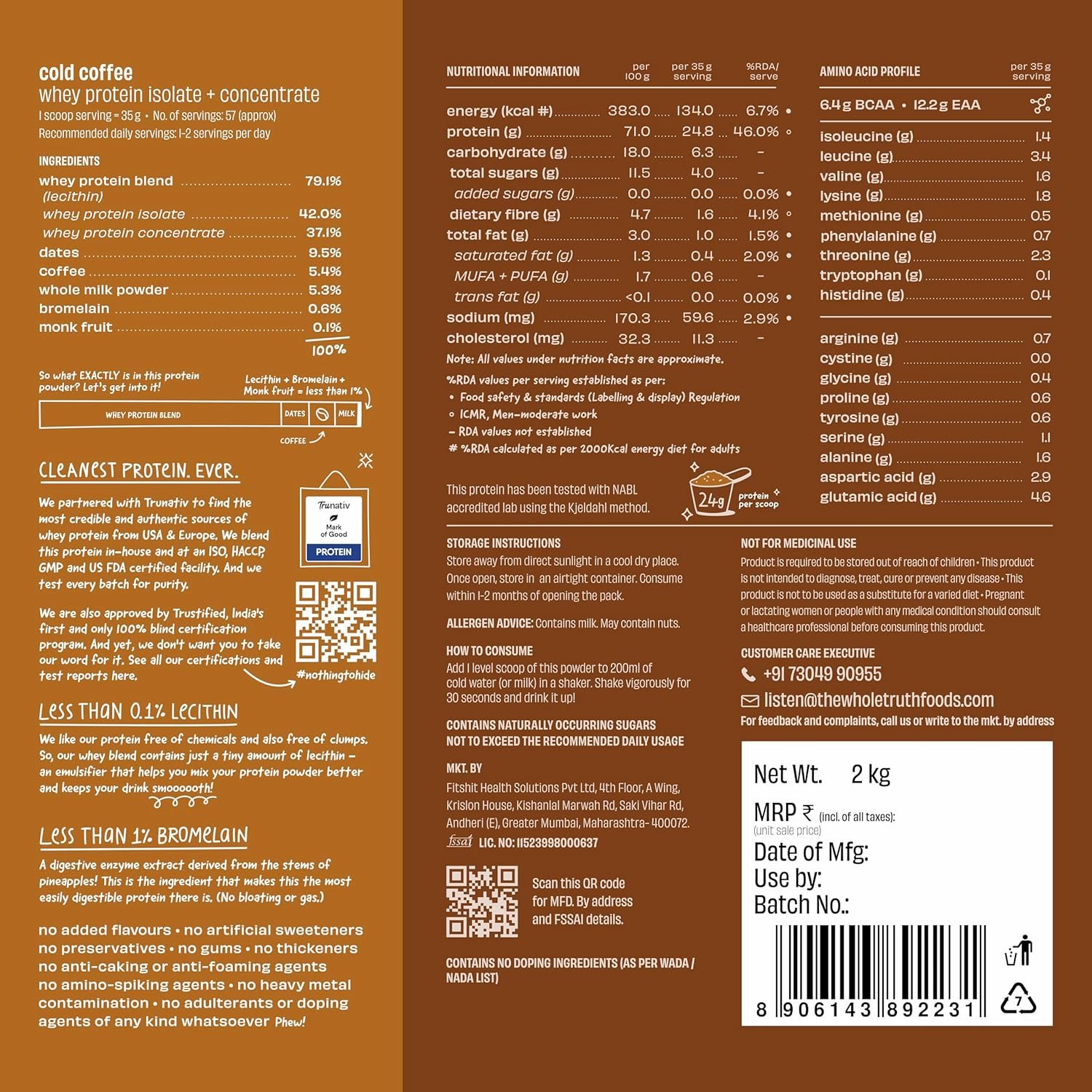 The Whole Truth Whey Protein Isolate+Concentrate | Cold Coffee 2 kg (4.4 lbs) | 24g Protein per scoop | 6.4g BCAA | No Adulteration | Clean, Light & Easy to Digest | Vegetarian - Image 8