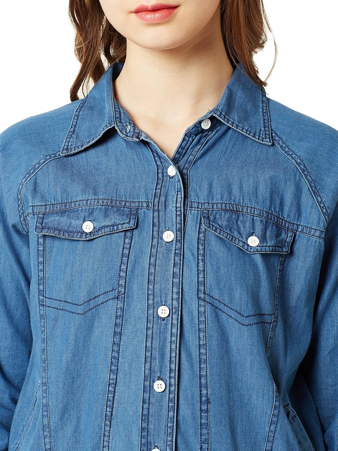 Miss Chase Women's Blue Collared Full Sleeves Solid Buttoned Denim Bomber Jacket - Image 5