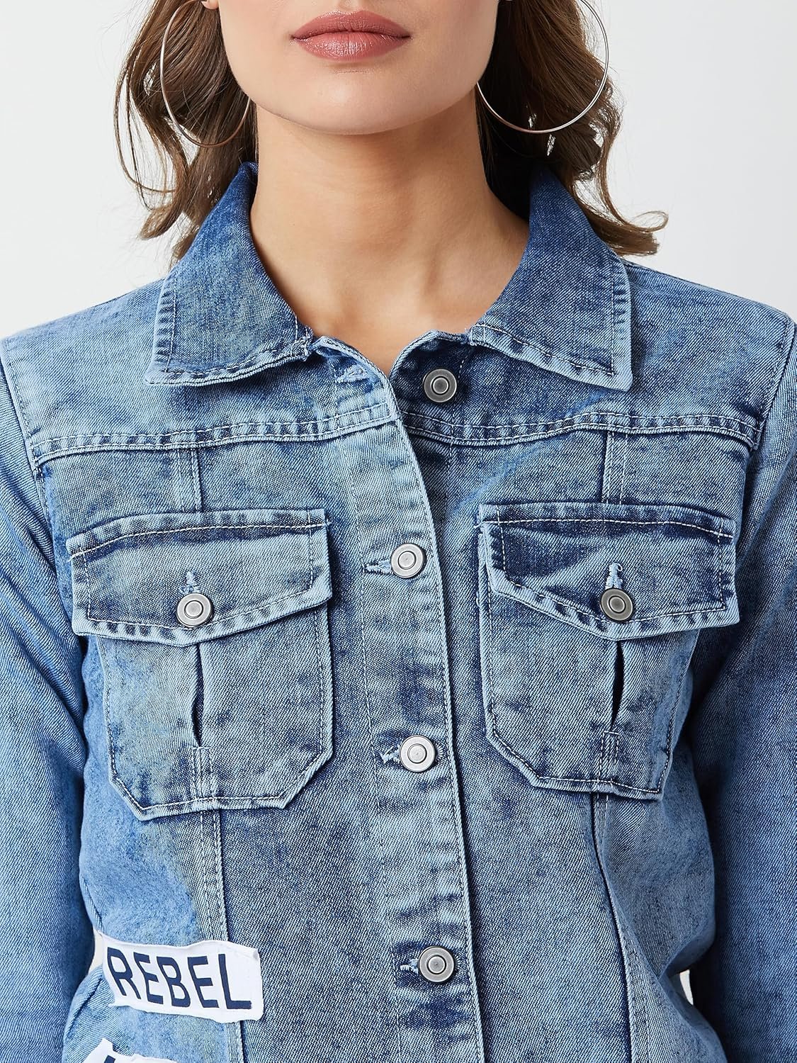 Miss Chase Women's Collared Solid Full Sleeve Regular Length Denim Jacket - Image 4