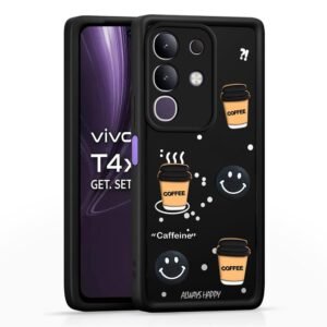 Amazon Brand-Solimo Coffee Theme Back Cover for Vivo T4x 5G / Y29 4G / Y31 Pro 5G / iQOO Z10x 5G | Cute 3D Coffee Mug & Smile Design | Anti-Slip Matte Finish | Shockproof & Lightweight Case – Black