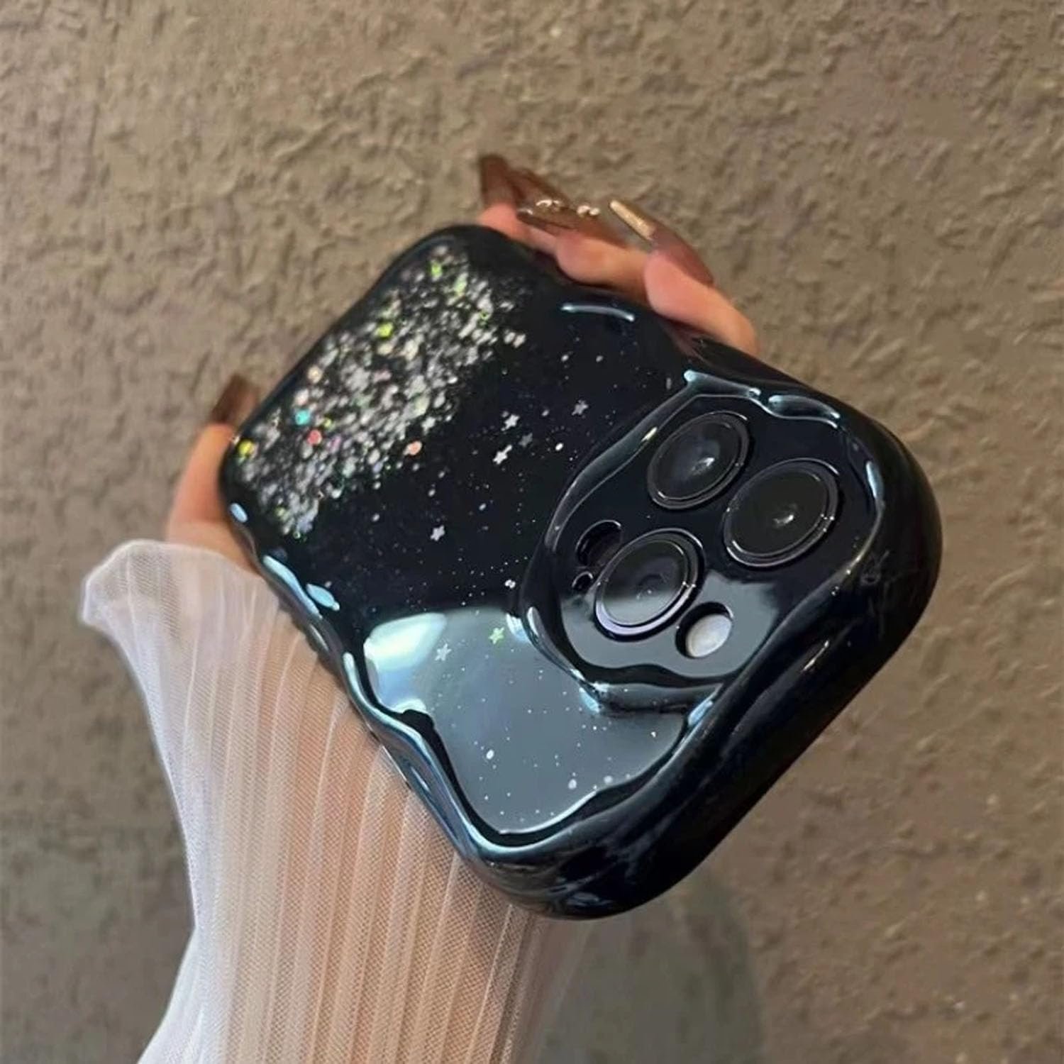 KC Back Cover for Vivo T4x 5G / iQOO Z10x 5G - 3D New Curly Wave Dry Fixed Non Moving Starry Glitter Pearl Wrist Hanging Chain Shockproof Soft Silicone Camera Protection Case (Black) - Image 4