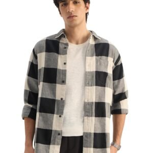 The Souled Store: Echo Men and Boys Long Sleeve Spread Collar Black and White Checkered Regular Fit Cotton Linen Shirt
