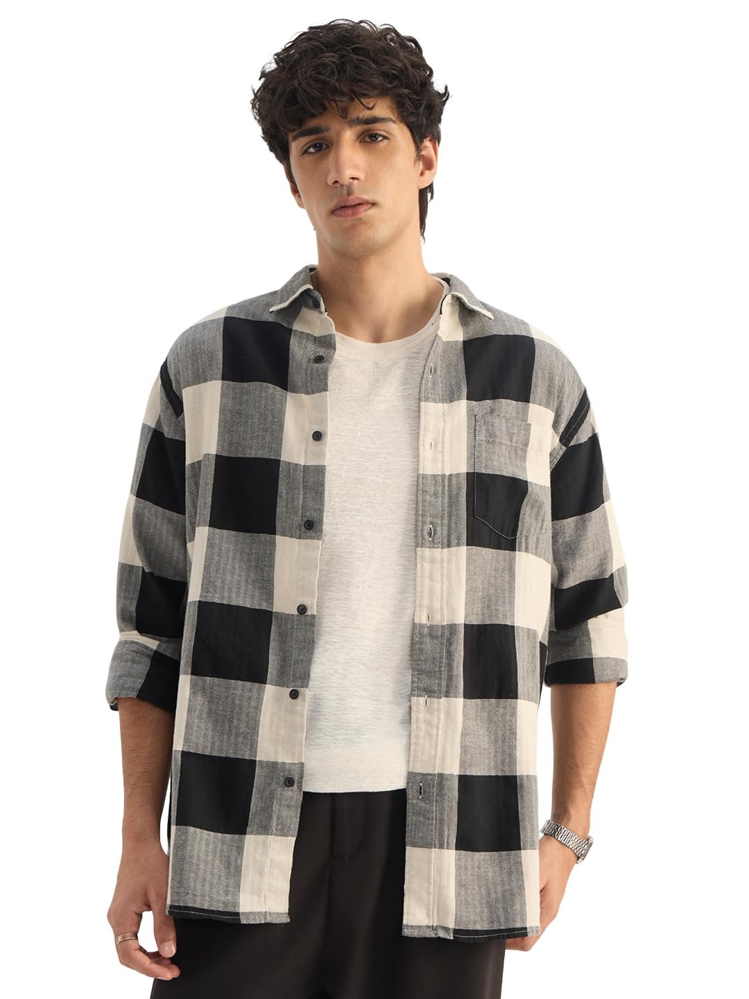 The Souled Store: Echo Men and Boys Long Sleeve Spread Collar Black and White Checkered Regular Fit Cotton Linen Shirt