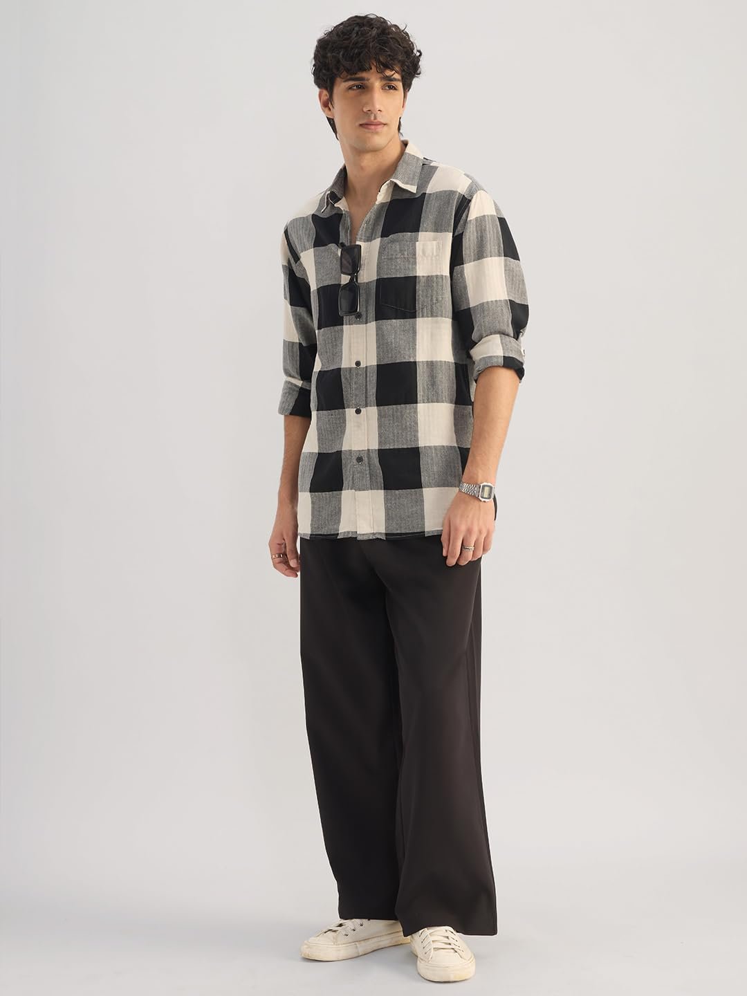 The Souled Store: Echo Men and Boys Long Sleeve Spread Collar Black and White Checkered Regular Fit Cotton Linen Shirt - Image 4