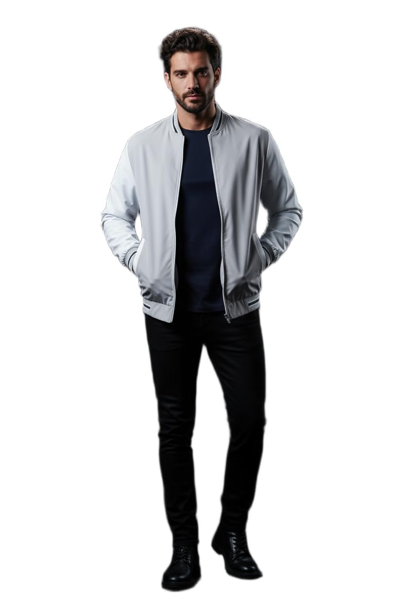 Men Street Style Bomber Jacket | Grey White Colorblock | Trendy Casual Outerwear for Winter Season