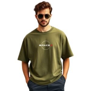 Oversized T-Shirt, Space Logo Print, Army Green, Casual Fit