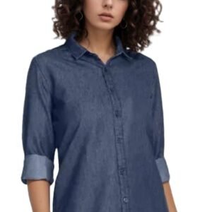 Classic Roll-Up Sleeve Button Down Shirt, Denim Blue, Collared Casual Top, Berry Blue