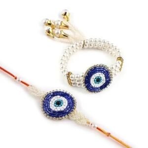 Designer Rakhi Set for Brother and Bhabhi, Premium Evil Eye Rakhi for Bhaiya Bhabhi Set of 2, Evil Eye Rakhi Bracelet Lumba for Bhabhi With Fridge Magnet Gift for Men Women, Greeting Card, Tilak Set, Magnet for Home Decor