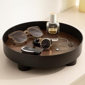 Store2508 Luxury Valet Tray for Men & Women – Modern Black Round Organizer with Wooden Finish | Stylish Nightstand & Desk Tray for Keys, Wallet, Watch, Jewellery & Sunglasses, Black