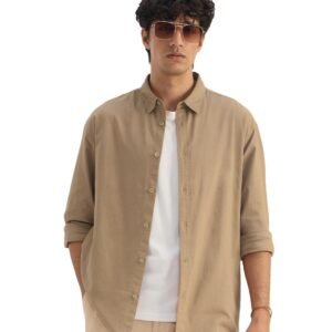 The Souled Store Dusty Roads Men and Boys Long Sleeve Spread Collar Button Front Beige Embroidered Cotton Linen Regular Fit Casual Shirt