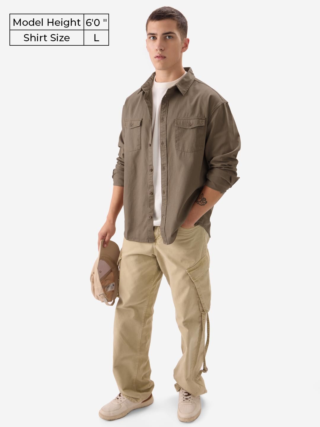The Souled Store Solids: Brown Men and Boys Long Sleeve Collared Neck Button Front Regular Fit Utility Shirts - Image 2