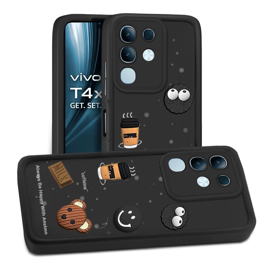 Back Case Cover for Vivo T4X 5G / iQOO Z10X 5G / Vivo Y31 Pro 5G Cover | Cute Fun Cartoon 3D Ball | Coffee Silicone Case | Full Body Protection | Camera Protection Back Cover (Black)