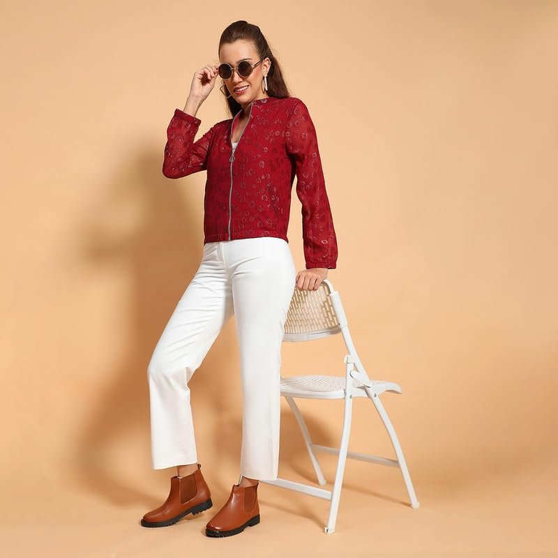 Women Round Neck Long Sleeve Zip Lined Lace Detail Jacket - Image 7