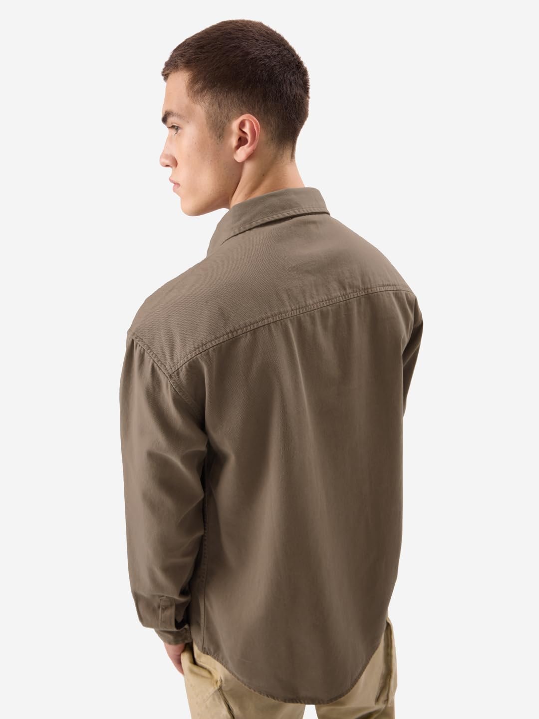 The Souled Store Solids: Brown Men and Boys Long Sleeve Collared Neck Button Front Regular Fit Utility Shirts - Image 4