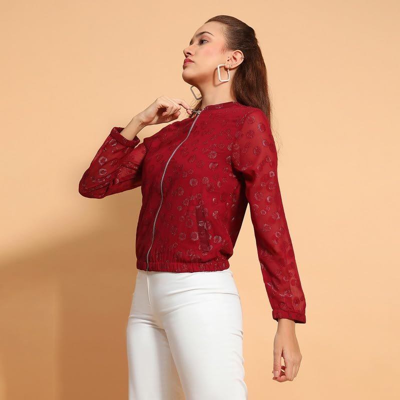 Women Round Neck Long Sleeve Zip Lined Lace Detail Jacket - Image 3