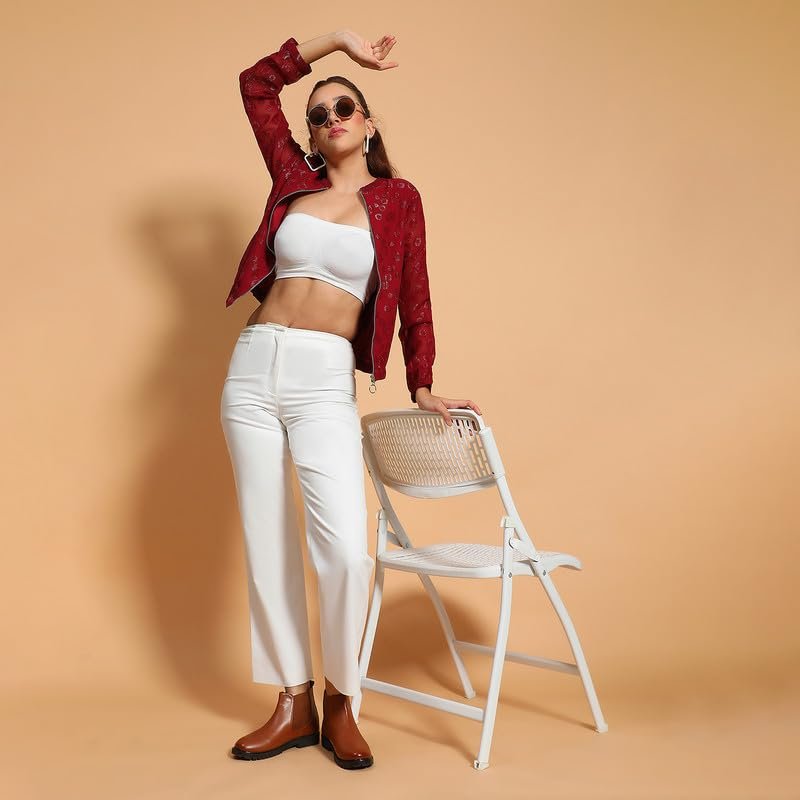 Women Round Neck Long Sleeve Zip Lined Lace Detail Jacket - Image 8