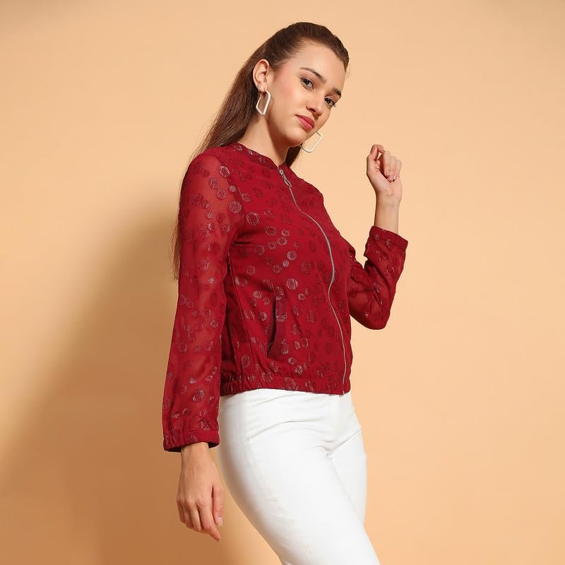 Women Round Neck Long Sleeve Zip Lined Lace Detail Jacket - Image 4