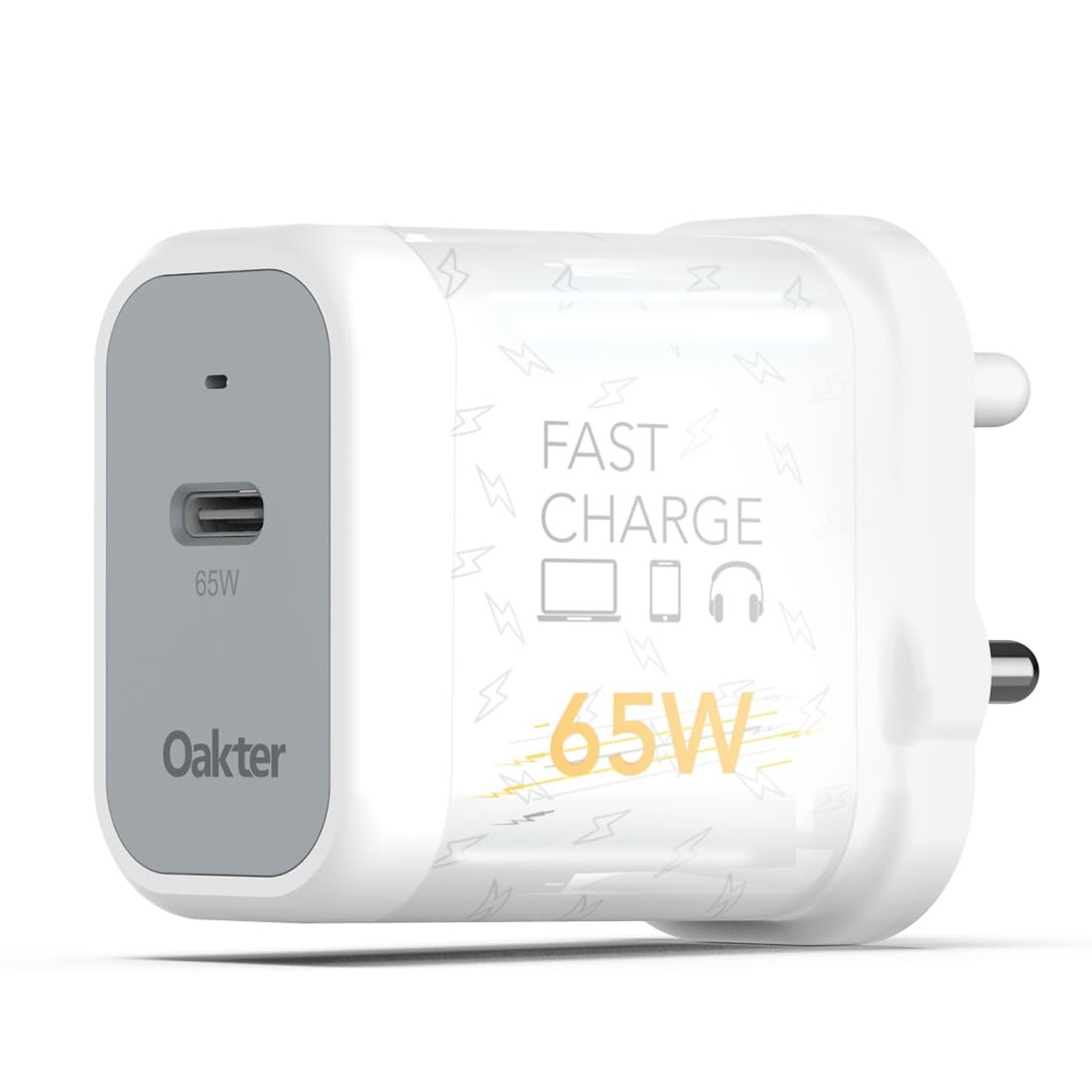 Oakter 65W Fast Charger | Type-C Fast Charging Adapter for Laptop, Mobile, MacBook, iPhone 15 & Newer, iPad, Samsung | White | 3- Pin Plug (Adapter)