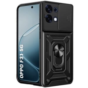 TheGiftKart Tough Armor Bumper Back Cover Case for Oppo F31 5G | Sliding Camera Cover, Kickstand & Ring Holder | 360 Degree Protection Back Cover Case for Oppo F31 5G (PC & TPU, Black)