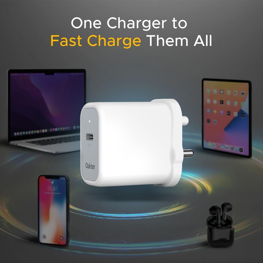 Oakter 65W Fast Charger | Type-C Fast Charging Adapter for Laptop, Mobile, MacBook, iPhone 15 & Newer, iPad, Samsung | White | 3- Pin Plug (Adapter) - Image 6