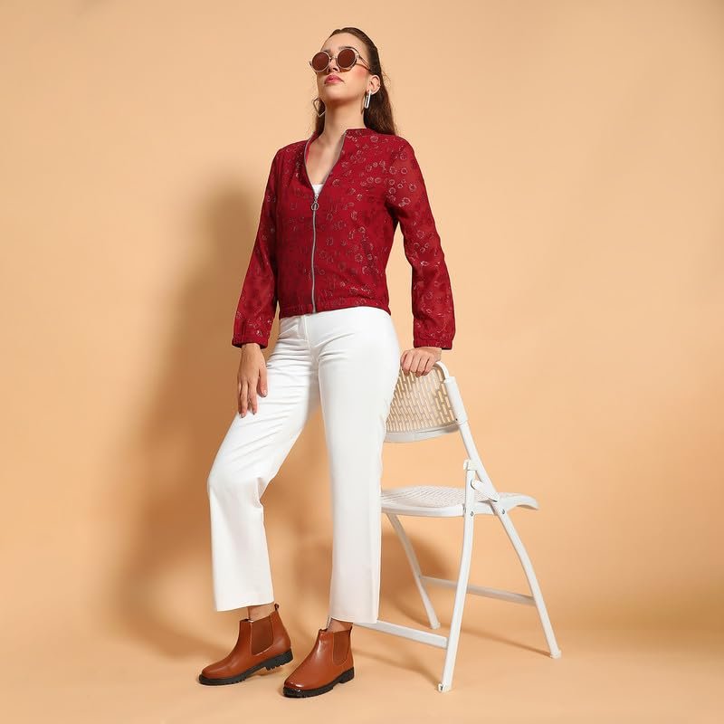 Women Round Neck Long Sleeve Zip Lined Lace Detail Jacket - Image 2