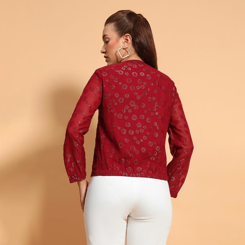 Women Round Neck Long Sleeve Zip Lined Lace Detail Jacket - Image 5
