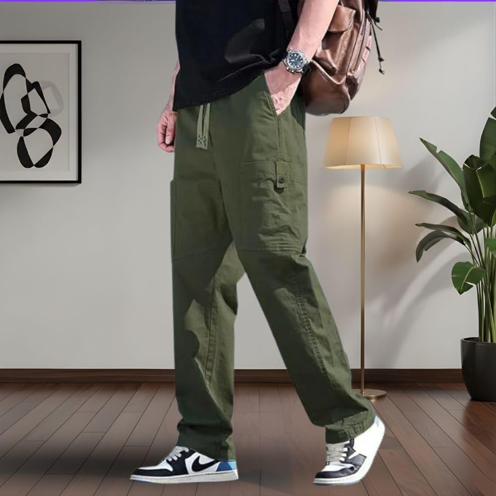 SMOWKLY Men’s Cotton Cargo Pants | Casual Trousers for Men | Comfortable Lower for Men | Breathable Pants with 6 Pockets & Drawstring Elastic Waistband - Image 4