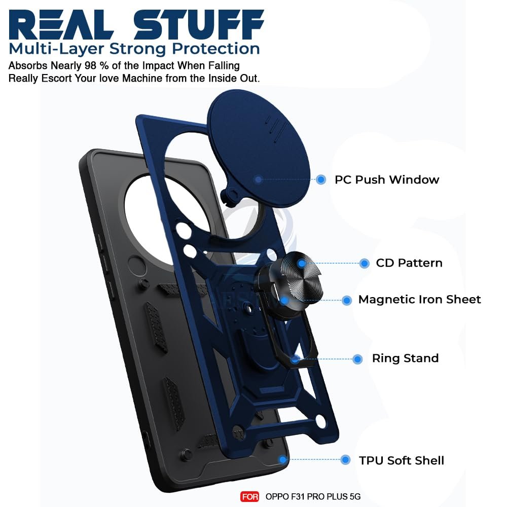 Tough Armor Oppo F31 Pro Plus 5G Bumper Back Case Cover | Ring Holder & Sliding Camera Shield Cover | 360 Degree Protection Back Case Cover for Oppo F31 Pro Plus 5G (Blue) - Image 8