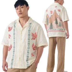 The Souled Store: Autumn Men and Boys Short Sleeve Cuban Collar Off White Printed Casual Drop Shoulder Streetwear Cotton Oversized Shirts