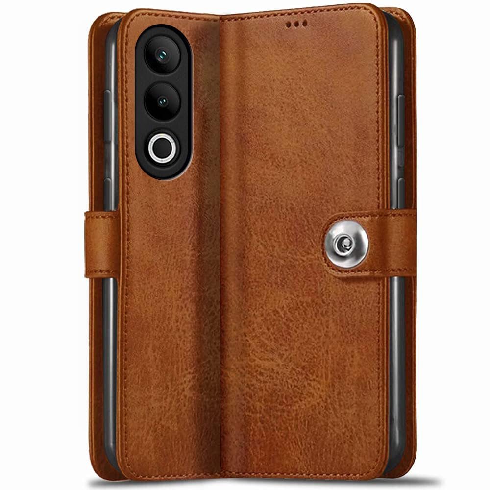 TheGiftKart Genuine Leather Finish Flip Back Cover Case for OnePlus Nord CE 4 5G | Inbuilt Pockets & Stand | Wallet Style | Designer Button | Flip Back Cover for OnePlus Nord CE4 (Faux Leather, Brown)