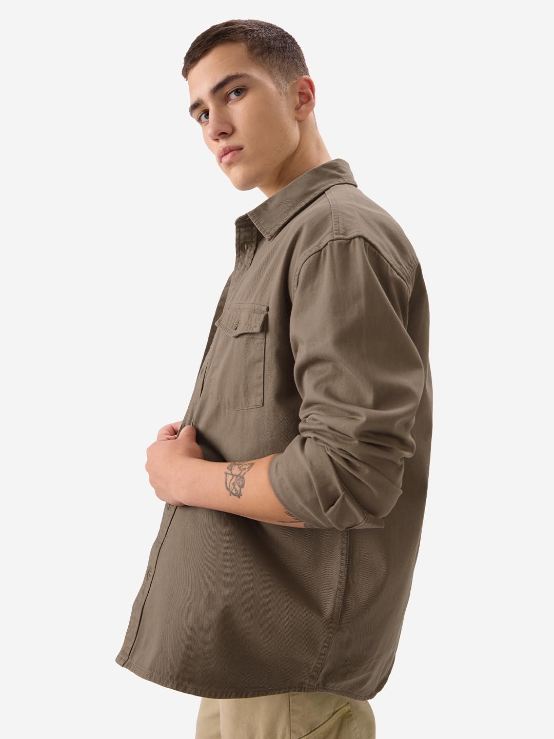 The Souled Store Solids: Brown Men and Boys Long Sleeve Collared Neck Button Front Regular Fit Utility Shirts - Image 3
