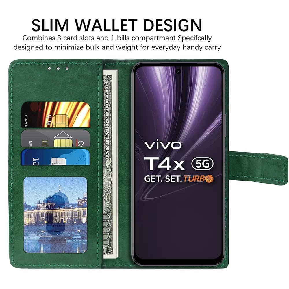 Flip Cover Back Case for Vivo T4x 5G / iQOO Z10x 5G | Premium Leather Finish | Inbuilt Pockets & Stand | Flip Cover Back Case for Vivo T4x 5G / Y29 4G / Y31 Pro 5G / iQOO Z10x 5G (Green) - Image 4