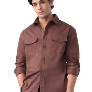 The Souled Store Utility Shirt: Merlot Men and Boys Long Sleeve Spread Collar Button Front Brown Solid Cotton Regular Utility Shirt