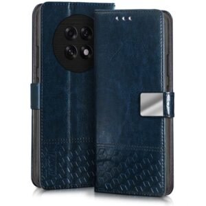 FLIPPED Hand Stitched Honeycomb Dual Design Flip Cover for Oppo F31 Pro Plus 5G (Shock Proof | Leather Finish | Wallet Case Card Holders & Stand) – Tanned Blue