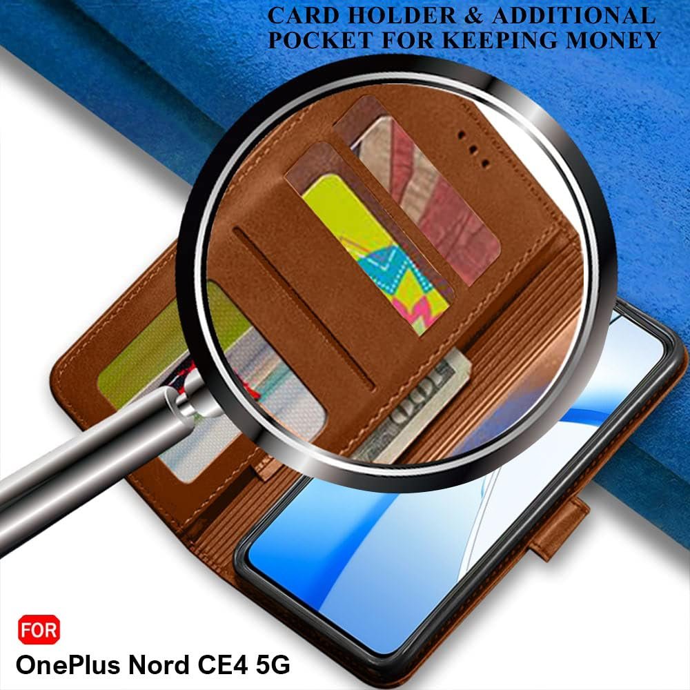 TheGiftKart Genuine Leather Finish Flip Back Cover Case for OnePlus Nord CE 4 5G | Inbuilt Pockets & Stand | Wallet Style | Designer Button | Flip Back Cover for OnePlus Nord CE4 (Faux Leather, Brown) - Image 6