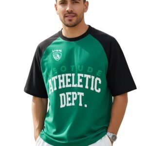 LEOTUDE Oversized Half Sleeve Cottonblend Printed Round Neck Drop Shoulder Tshirt for Man(Color Rama Green)