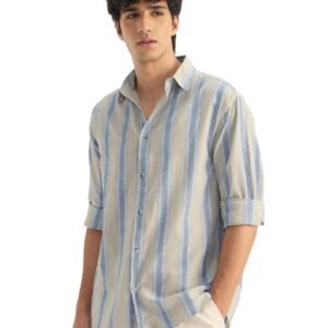 The Souled Store Cotton Linen Stripes: Ridge Men and Boys Long Sleeve Spread Collar Button Front Light Blue and Beige Striped Regular Fit Cotton Linen Shirts