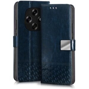 FLIPPED Hand Stitched Honeycomb Dual Design Flip Cover for Oppo F31 Pro 5G (Shock Proof | Leather Finish | Wallet Case Card Holders & Stand) – Tanned Blue