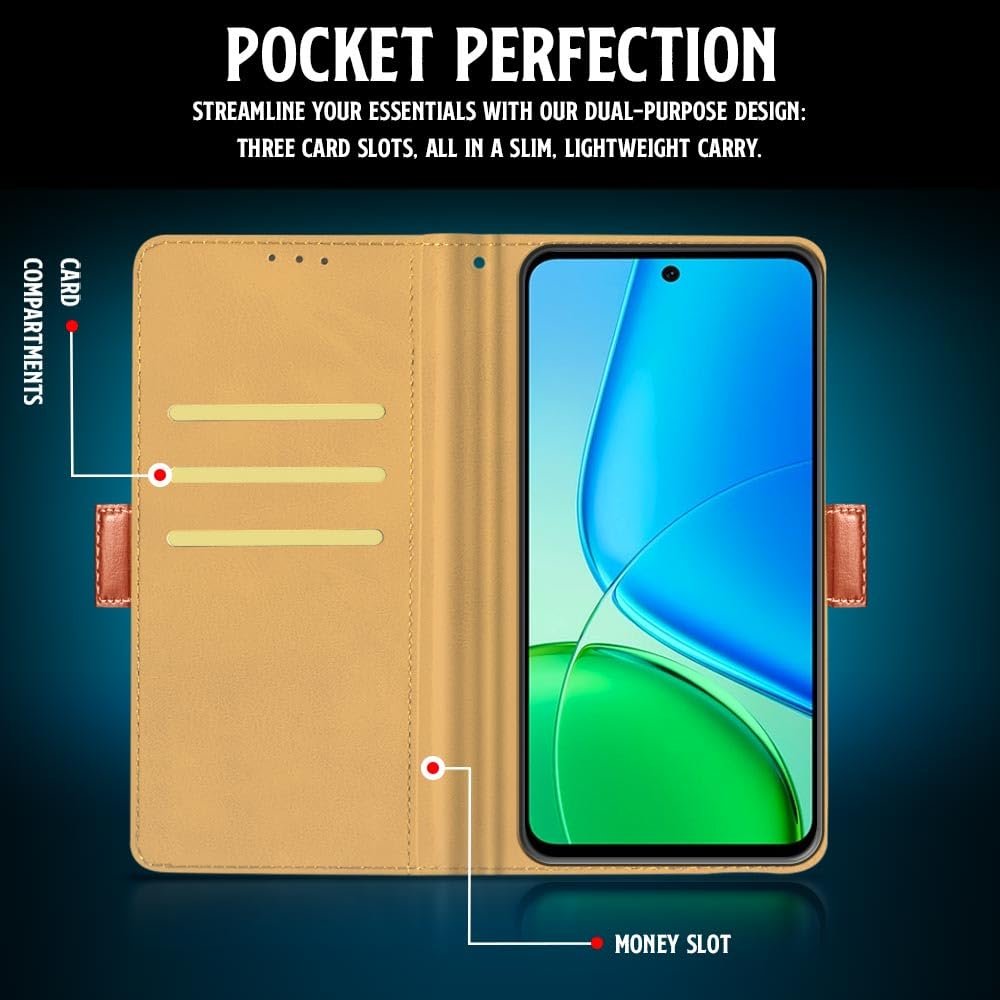 FLIPPED Vegan Leather Metal Garnish Design Flip Case Back Cover for Vivo T4x 5G | iQoo Z10x 5G | Vivo Y31 Pro 5G | Lightweight | Hand-Stitched Finish | Card Pockets Wallet & Stand | Hazel Brown - Image 3